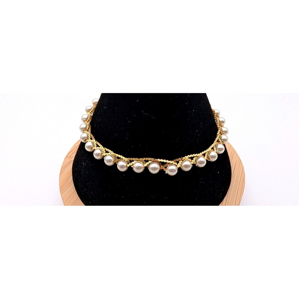 Napier Gold Tone Faux Pearl Double Strand Chain Bracelet 7 Inch Vintage Style